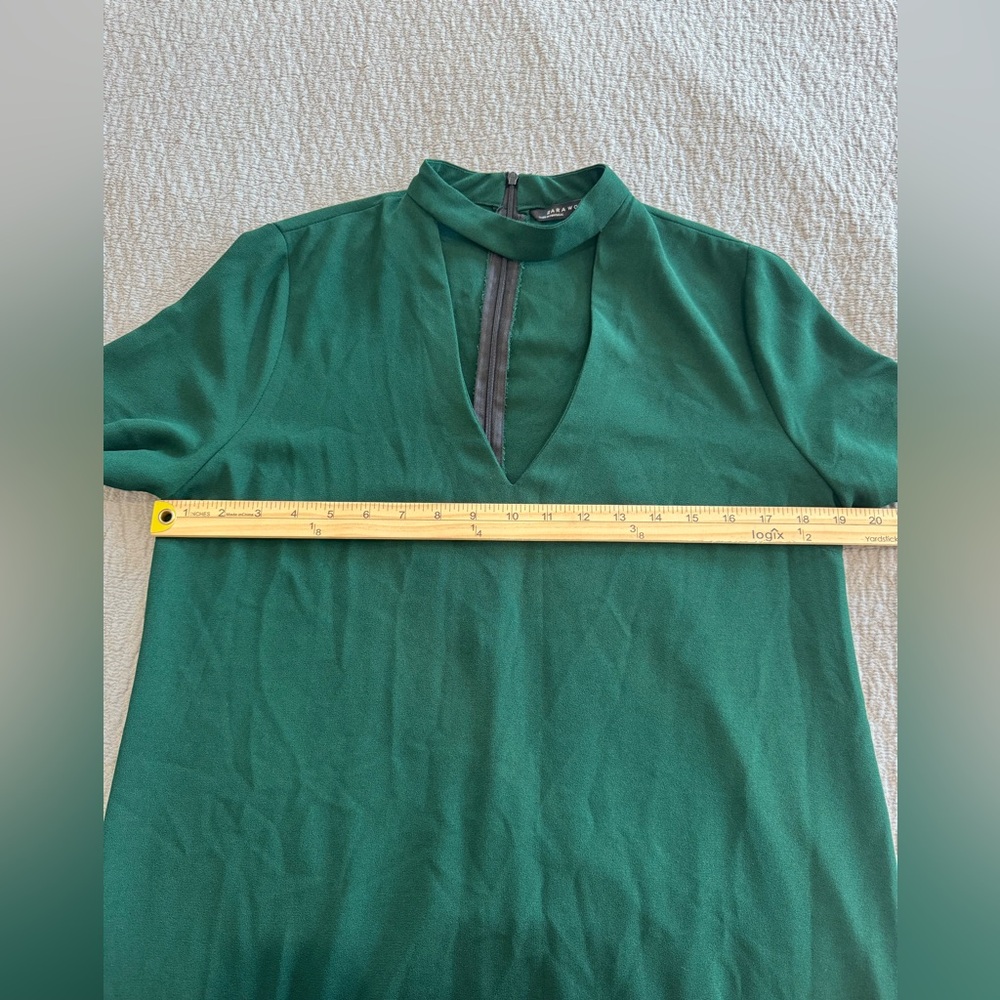 Zara Womens M Choker V Neck Plunge Shift Mini Dress Forest Green Boho Short Fun - Picture 9 of 14